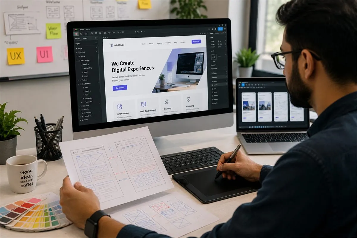 Designer comparing a template layout with a custom website design