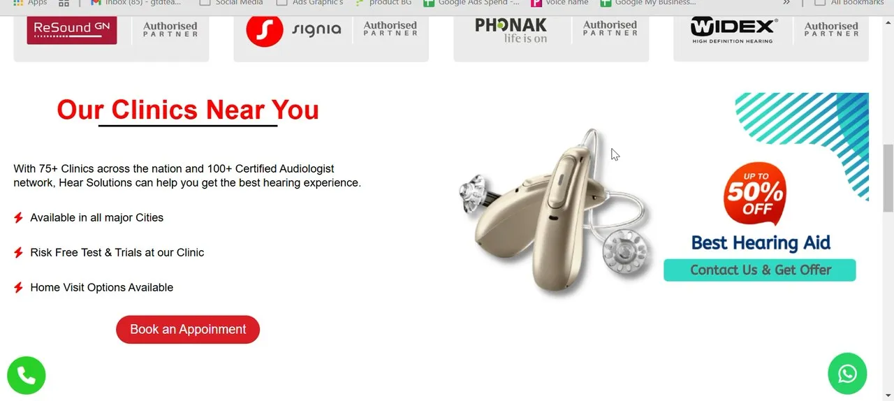 Hearing Aids Solution clinic website showing authorised hearing-aid brands and clinic finder