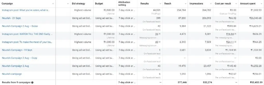 Meta Ads Manager table for a nutrition brand showing 399 leads and 44,551 ThruPlays