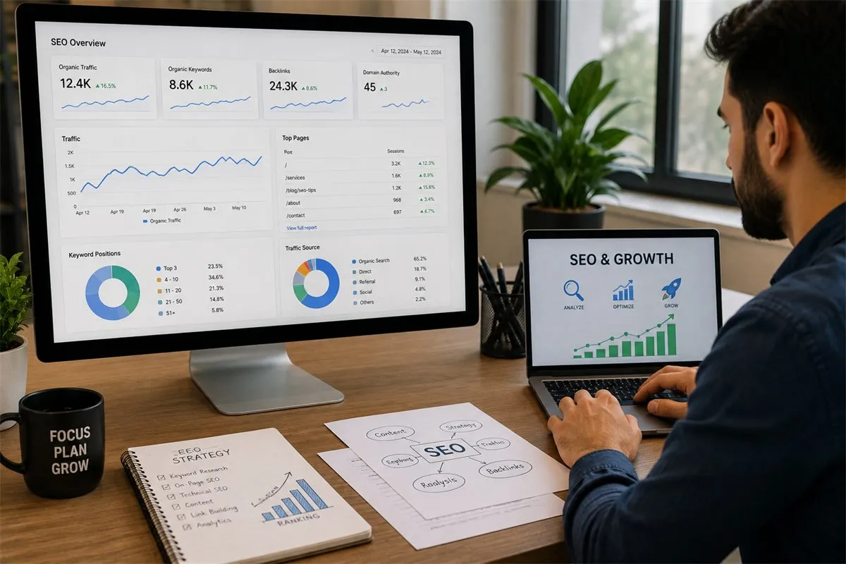 Marketer reviewing lead and conversion data from a website