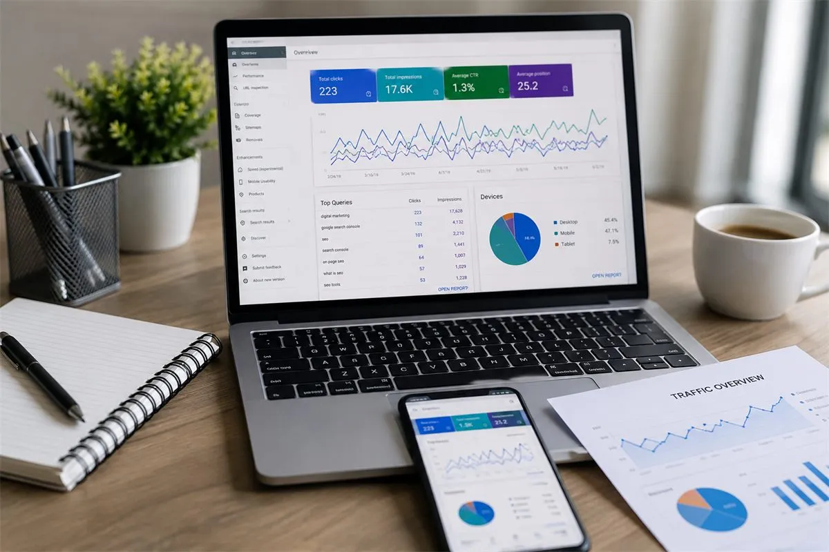SEO dashboard showing traffic growth