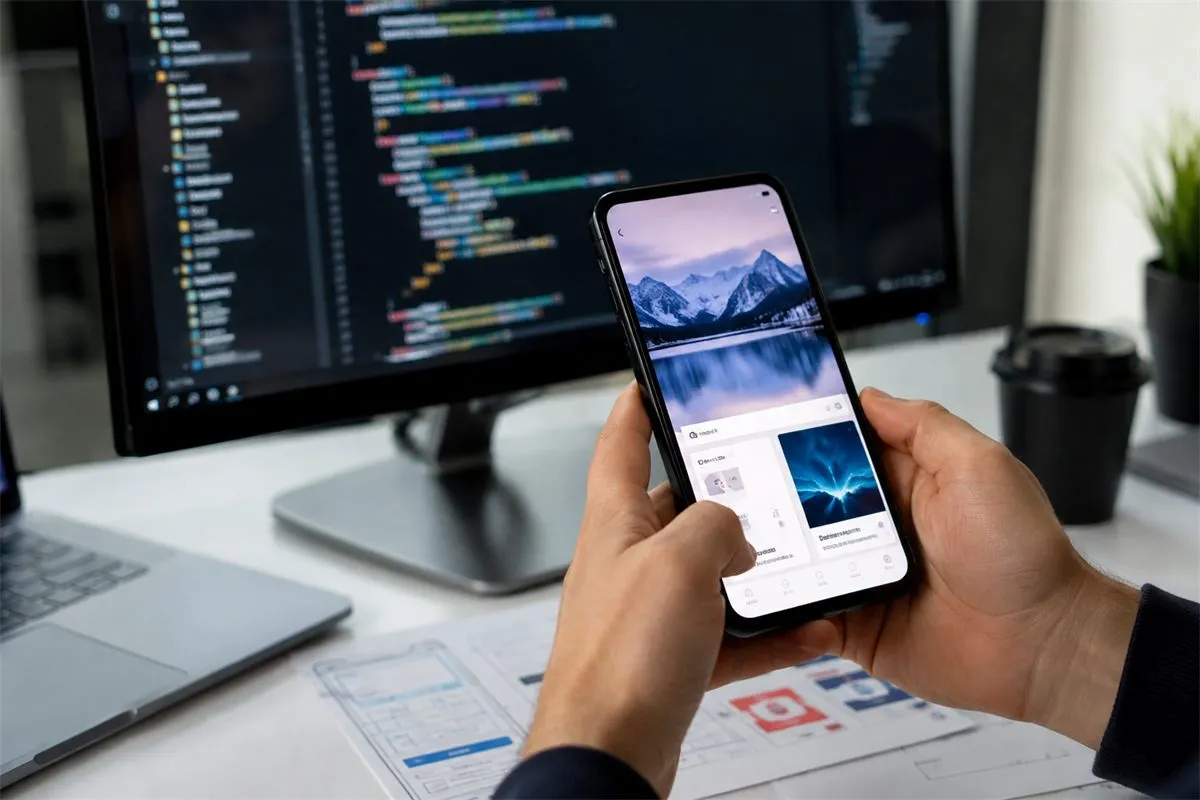 Hand holding a phone previewing an app design at a developer’s desk