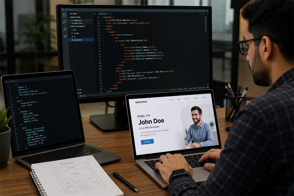 Developer coding a responsive business website on a laptop and monitor